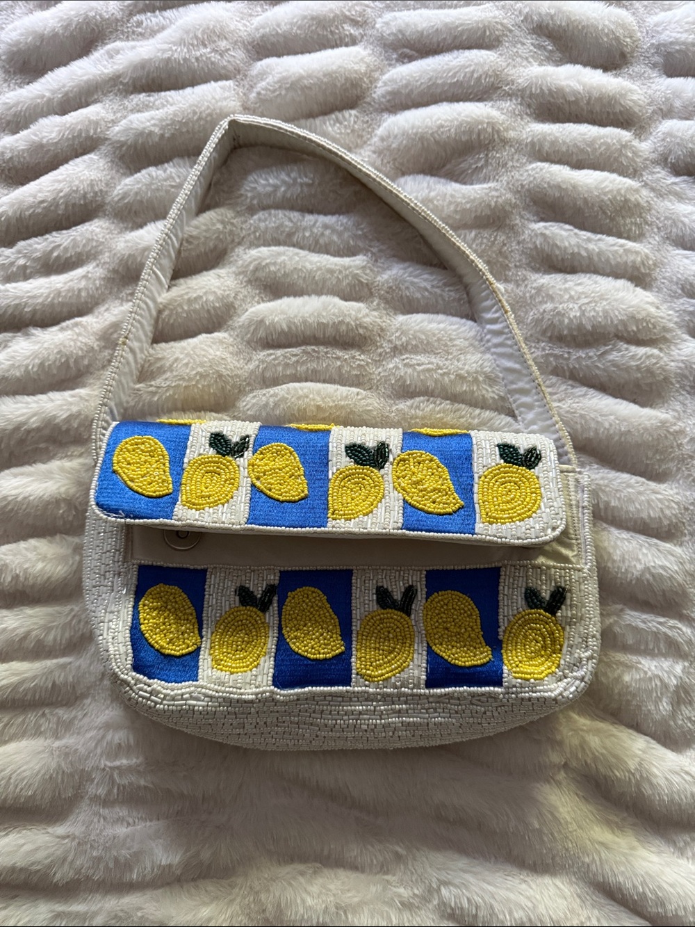 NWOT Primark White Beaded Lemon Shoulder Bag Purse 9" x 6"